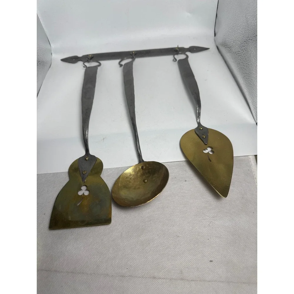 Plummer Hand Forged Iron Brass Kitchen Utensil Set 4pc Ladle Spatula Server Rack